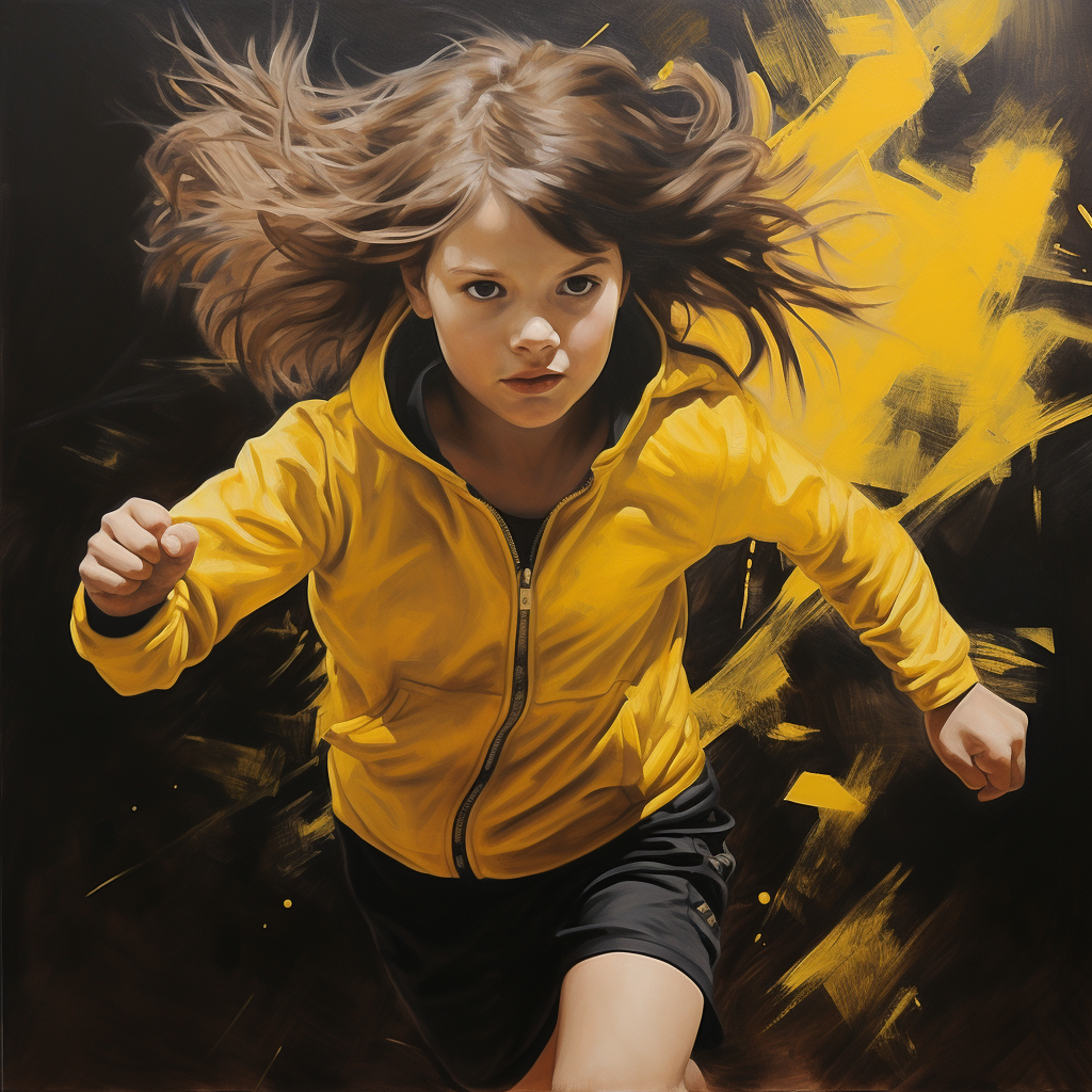 niña vestida de negro y amarillo, corriendo